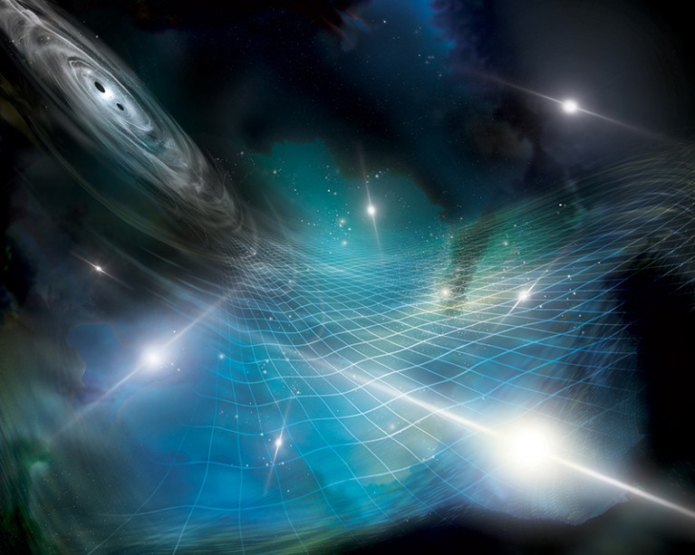 An artist's interpretation of a pair of supermassive black holes emitting gravitational waves.