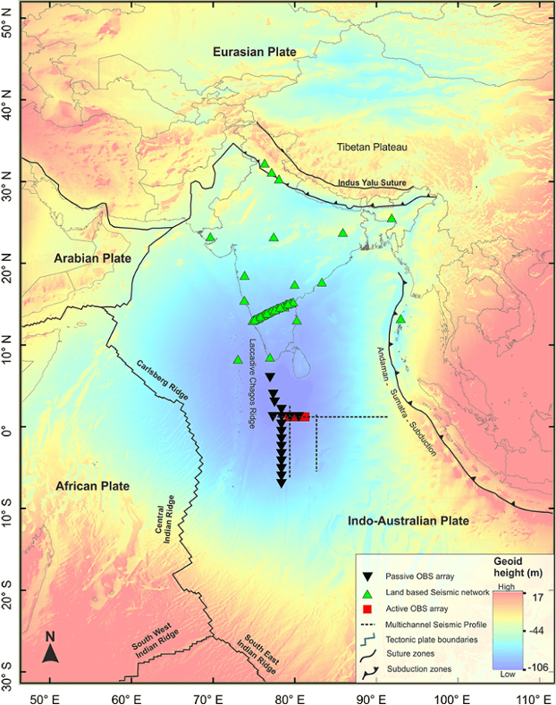 Map showing the gravitational depression in blue under the Indian Ocean, and the location of seismometers deployed on the seafloor.